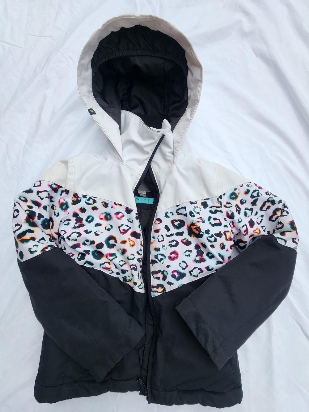 Roxy Girls Colorblock Puffer Jacket - White, Black & Multicolor Leopard